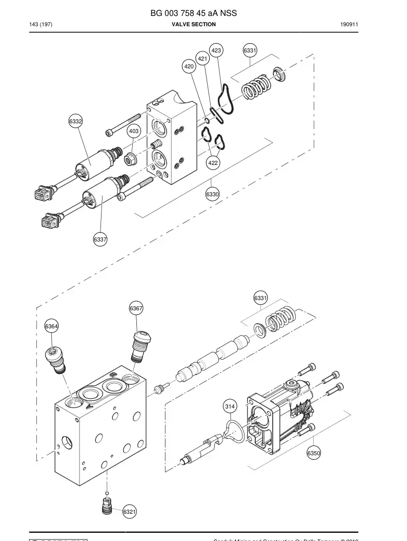 BG00375845a BG 003 758 45a Valve section - Sandvik Technical Drawing