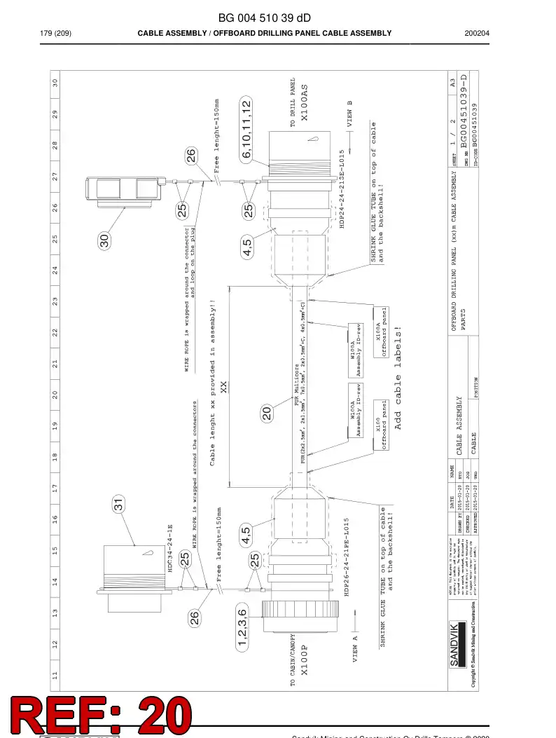 BG00382189b BG 003 821 89b Cable, Multicore - Sandvik Technical Drawing