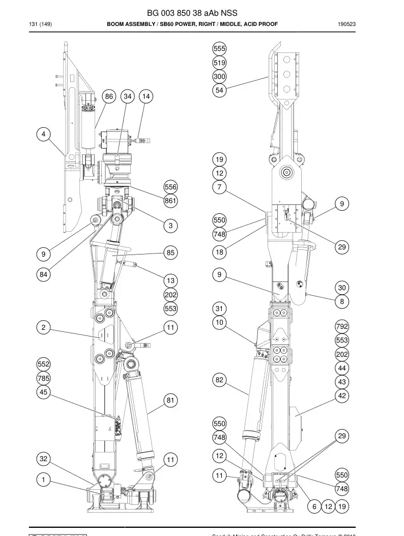 BG00385038a BG 003 850 38a Boom Assembly - Sandvik Technical Drawing