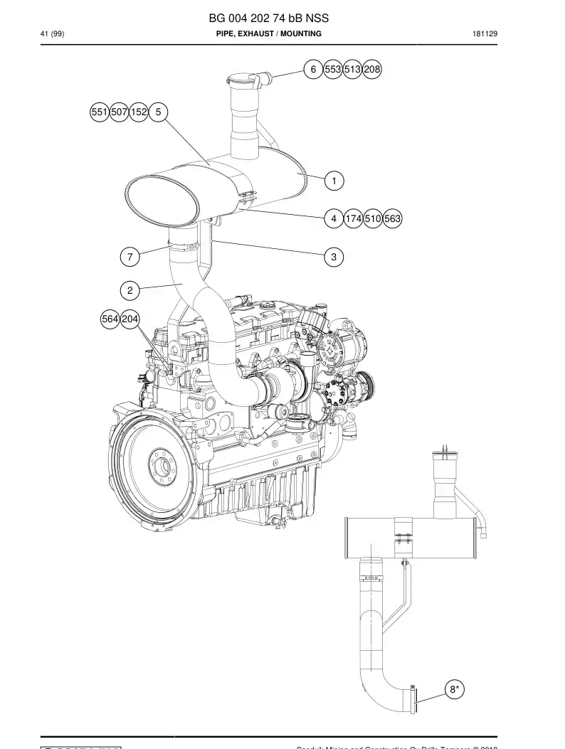 BG00420274b BG 004 202 74b Pipe, Exhaust - Sandvik Technical Drawing