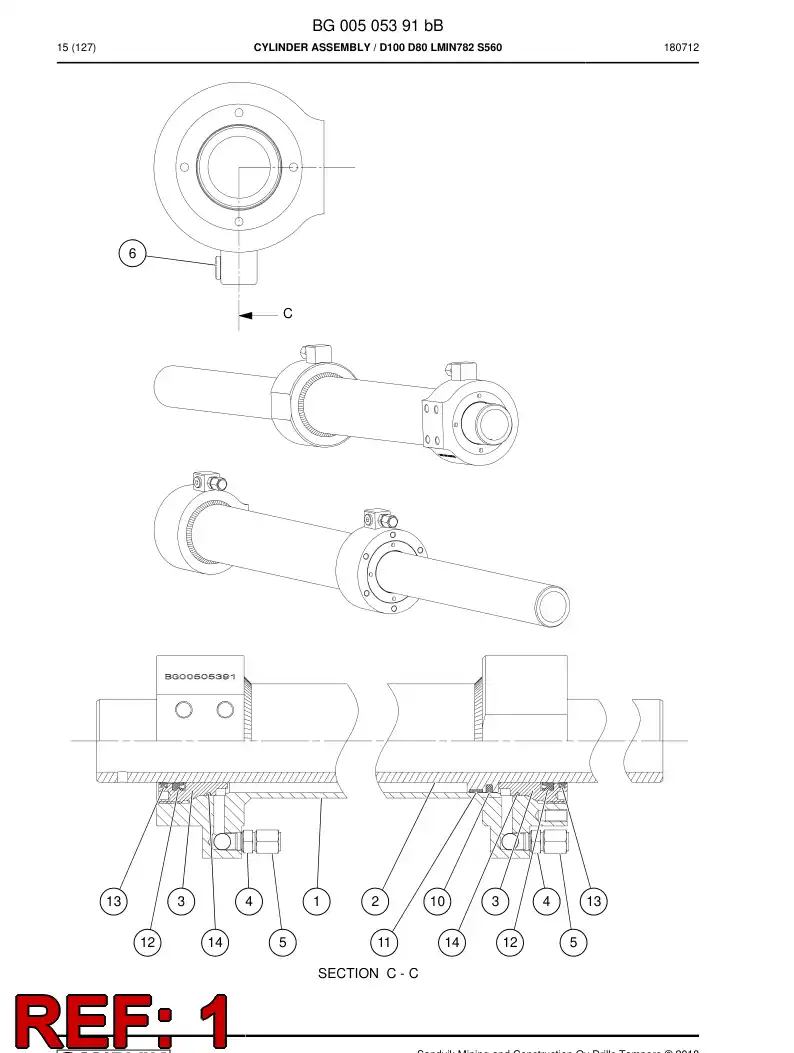 BG00506130a BG 005 061 30a Hydraulic Cylinder, Double-acting - Sandvik Technical Drawing