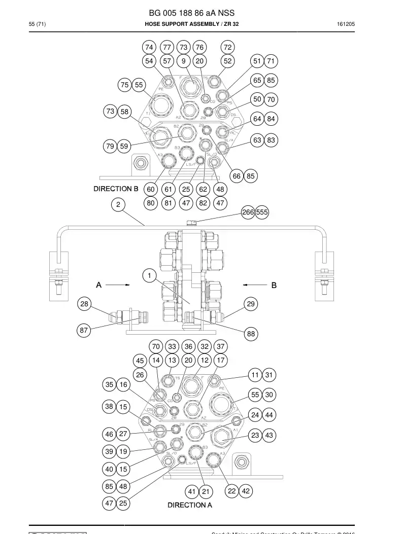 BG00518886a BG 005 188 86a Hose Support Assembly - Sandvik Technical Drawing