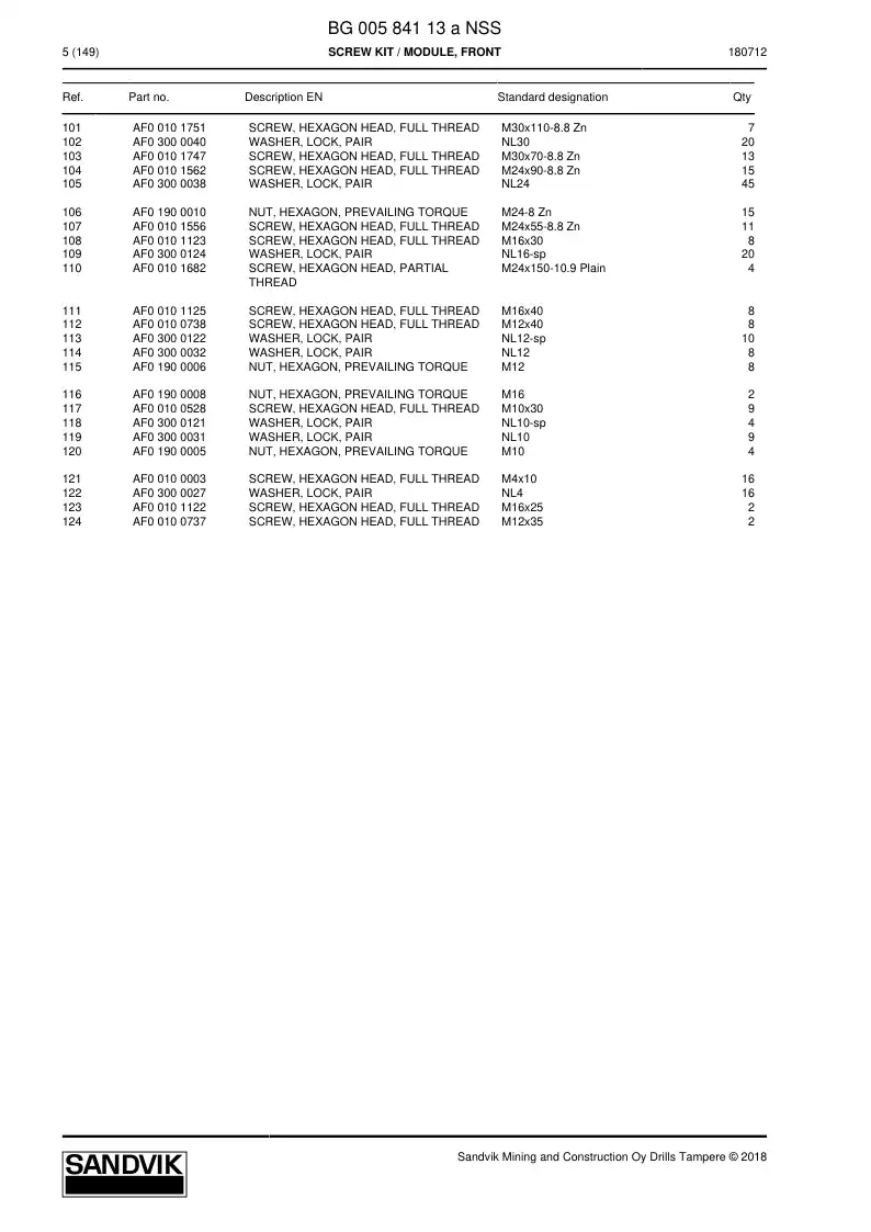 BG00584113a BG 005 841 13a Screw Kit - Sandvik Technical Drawing
