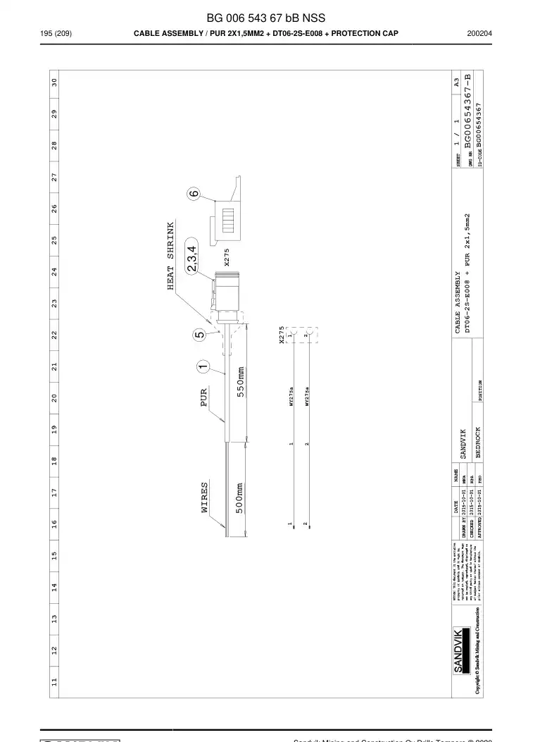 BG00654367b BG 006 543 67b Cable Assembly - Sandvik Technical Drawing