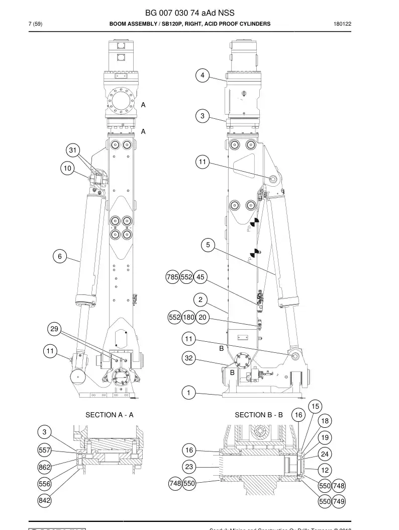 BG00703074a BG 007 030 74a Boom Assembly - Sandvik Technical Drawing