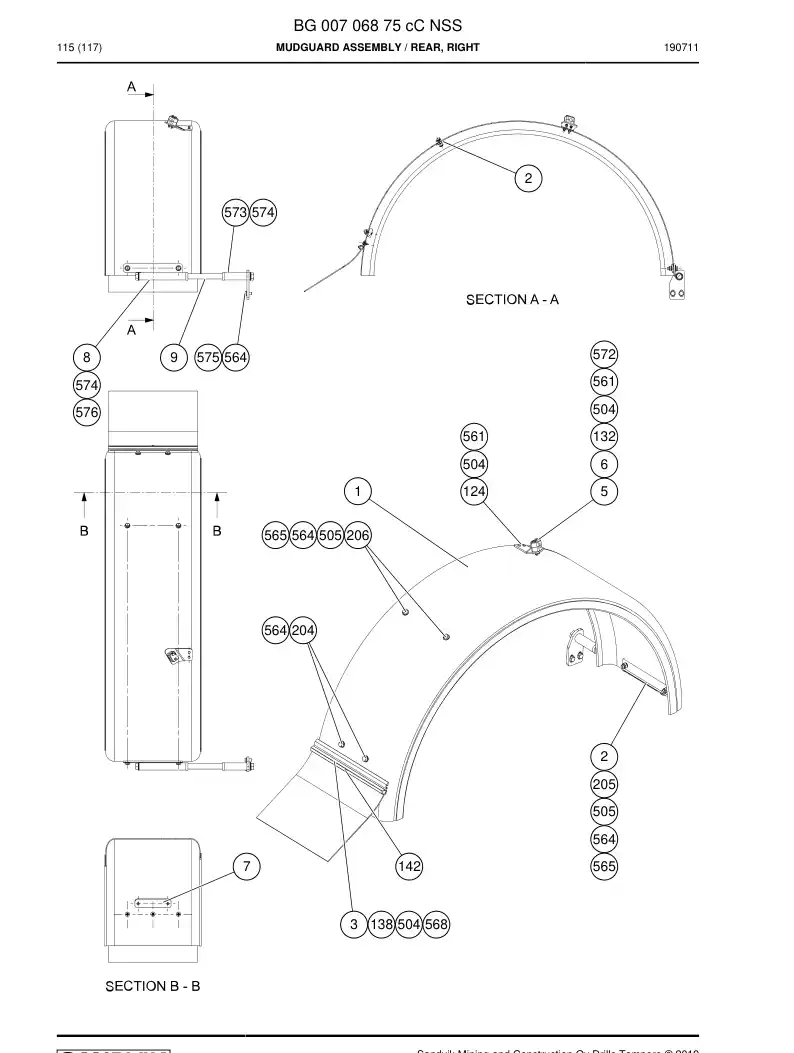 BG00706875c BG 007 068 75c Mudguard assembly - Sandvik Technical Drawing