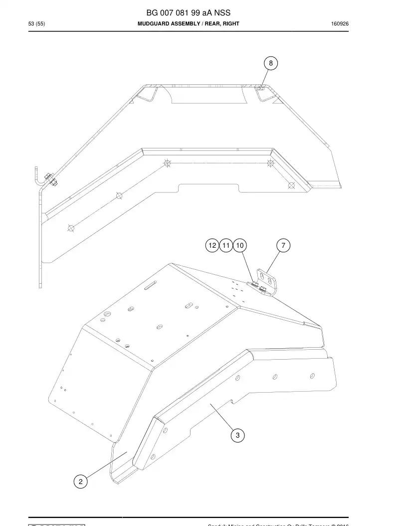 BG00708199a BG 007 081 99a Mudguard Assembly - Sandvik Technical Drawing