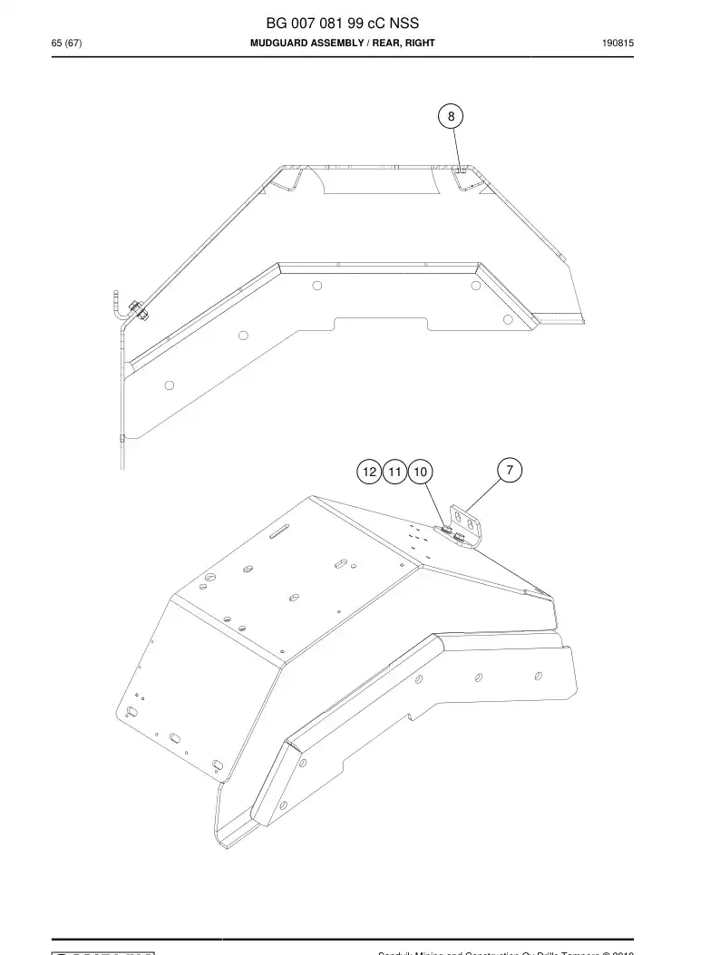 BG00708199c BG 007 081 99c Mudguard Assembly - Sandvik Technical Drawing