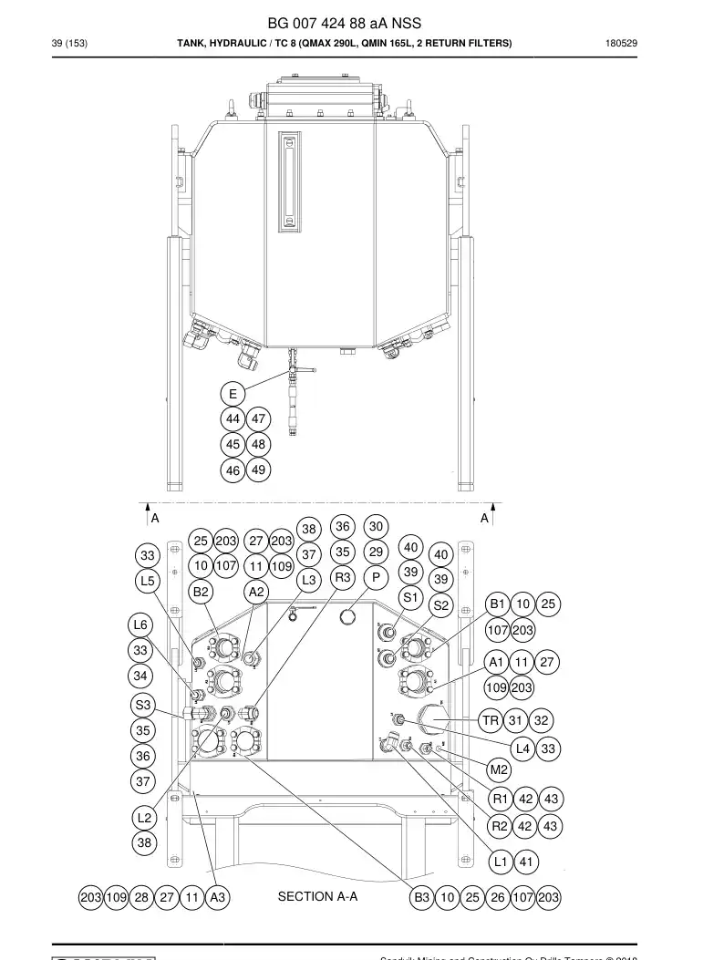 BG00742488a BG 007 424 88a Tank, Hydraulic - Sandvik Technical Drawing