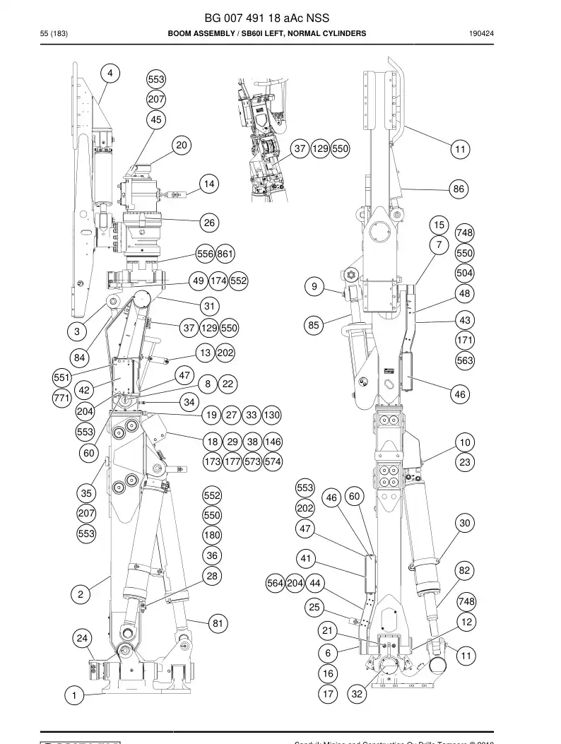 BG00749118a BG 007 491 18a Boom Assembly - Sandvik Technical Drawing