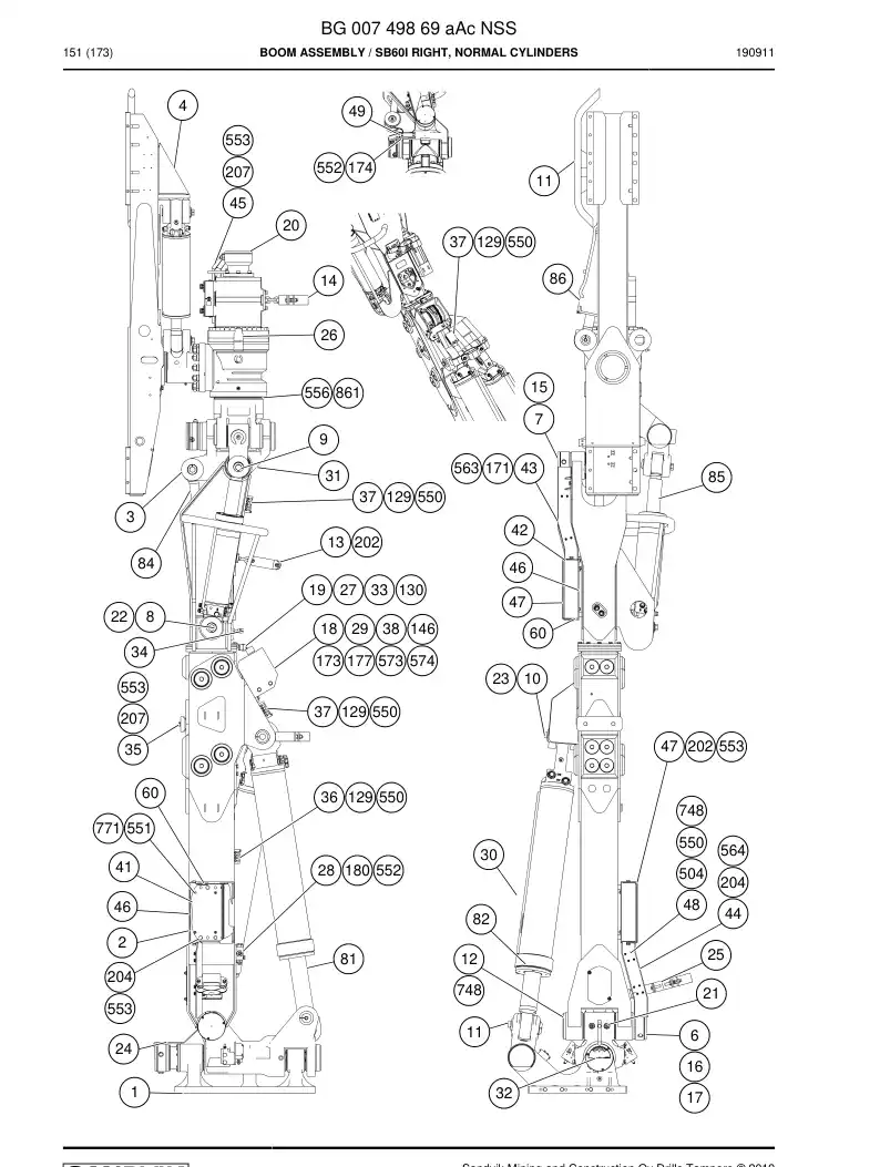 BG00749869a BG 007 498 69a Boom Assembly - Sandvik Technical Drawing