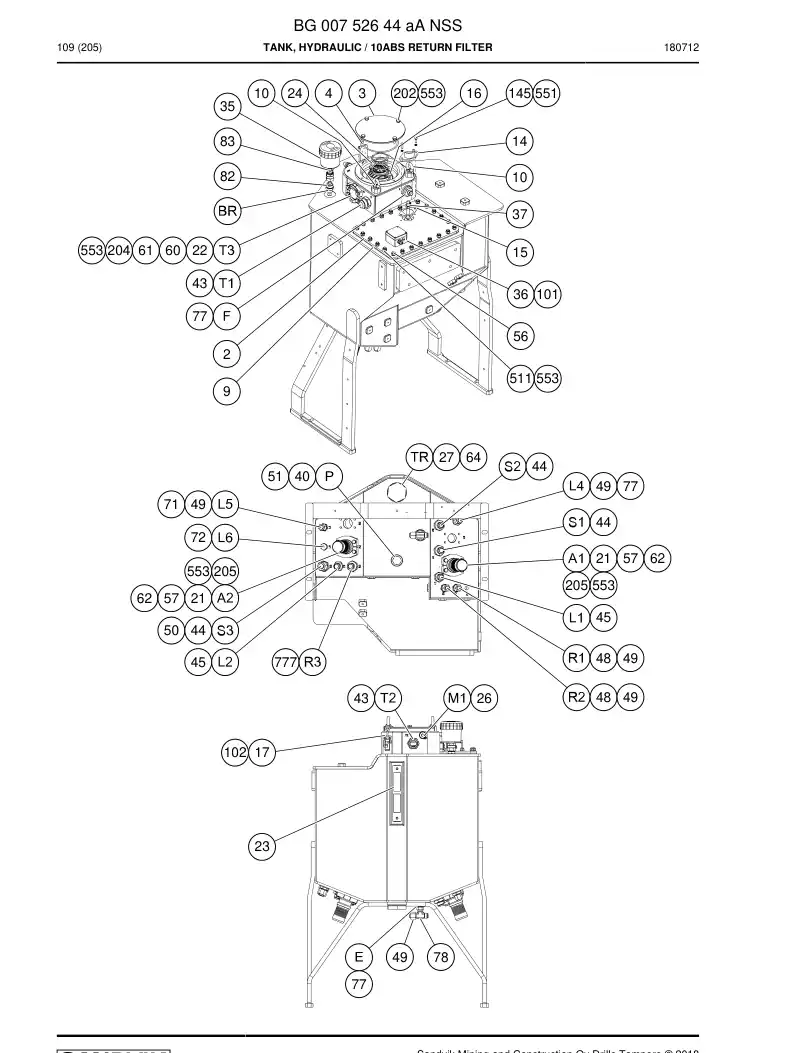 BG00752644a BG 007 526 44a Tank, Hydraulic - Sandvik Technical Drawing