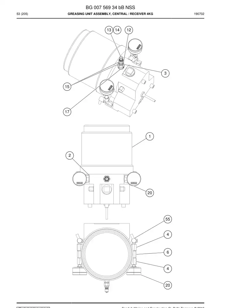 BG00756934b BG 007 569 34b Greasing Unit Assembly, Central - Sandvik Technical Drawing