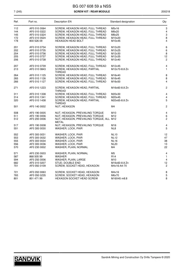 BG00760859a BG 007 608 59a Screw Kit - Sandvik Technical Drawing