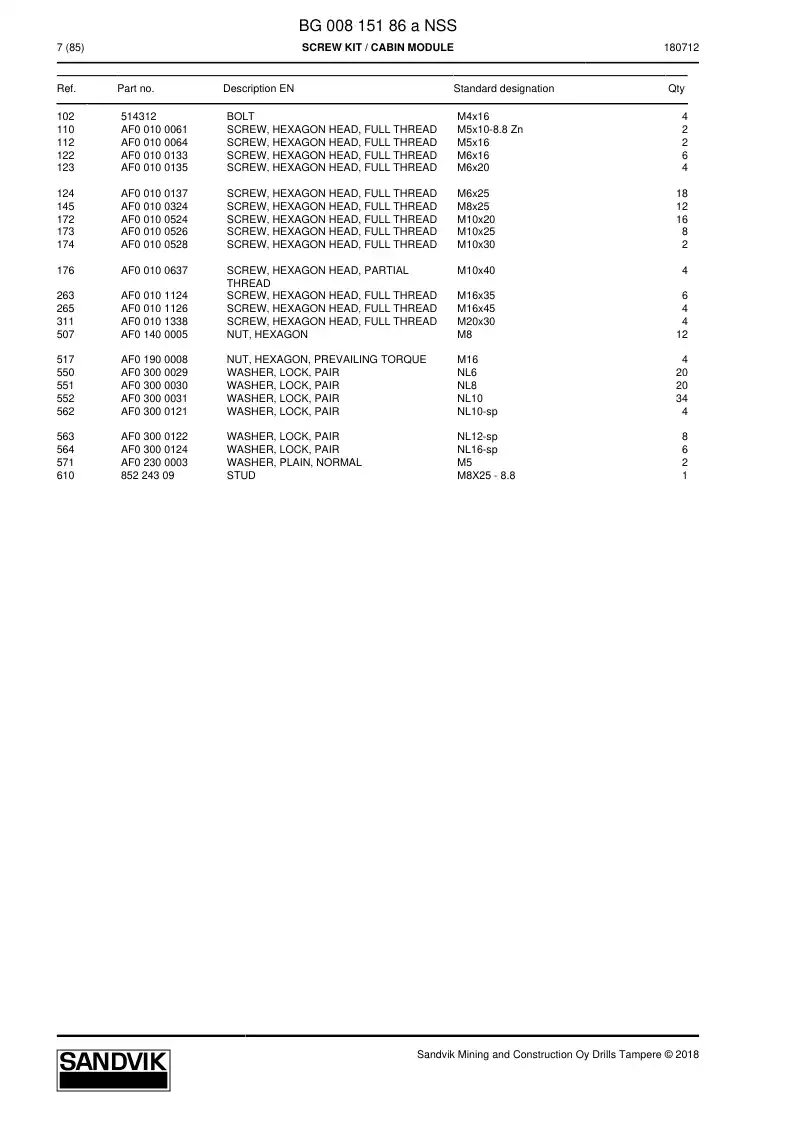 BG00815186a BG 008 151 86a Screw Kit - Sandvik Technical Drawing