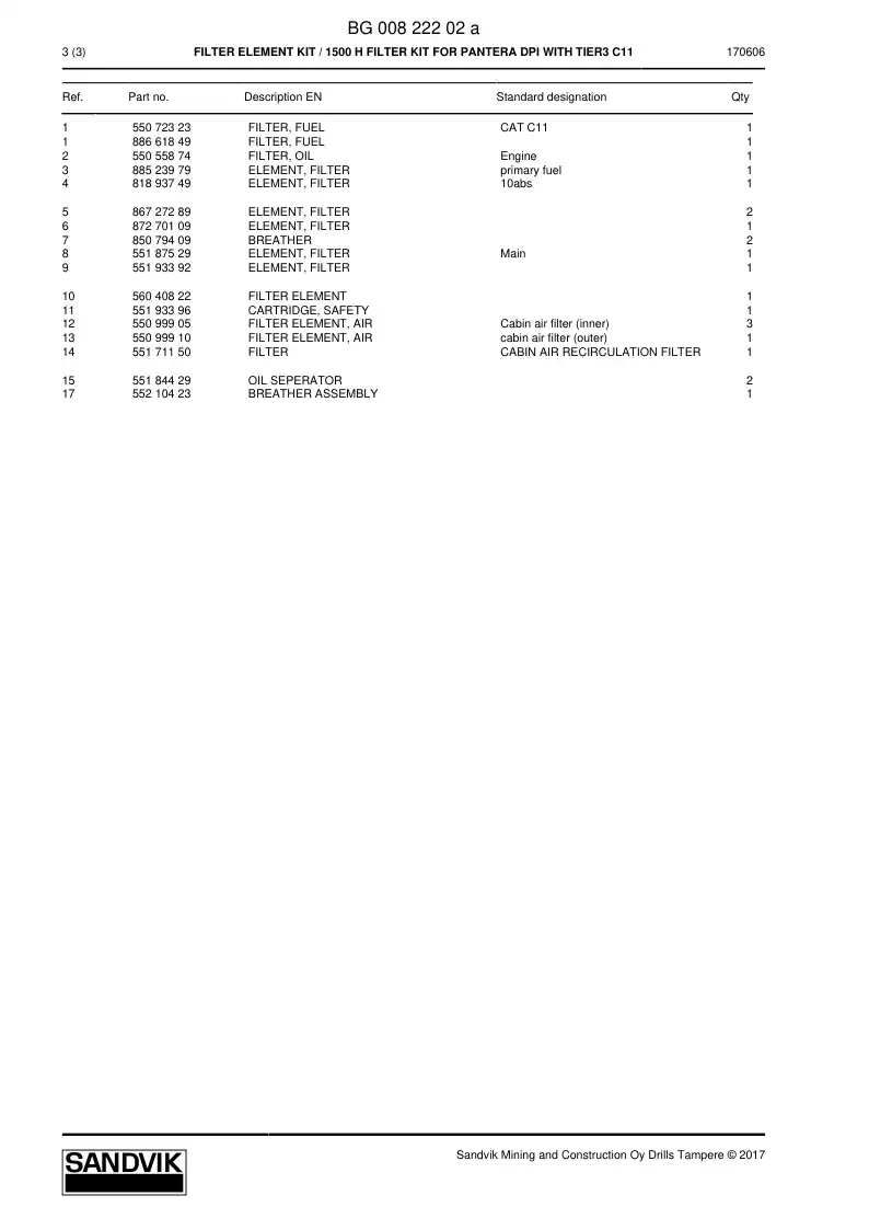 BG00822202a BG 008 222 02a Filter Element Kit - Sandvik Technical Drawing