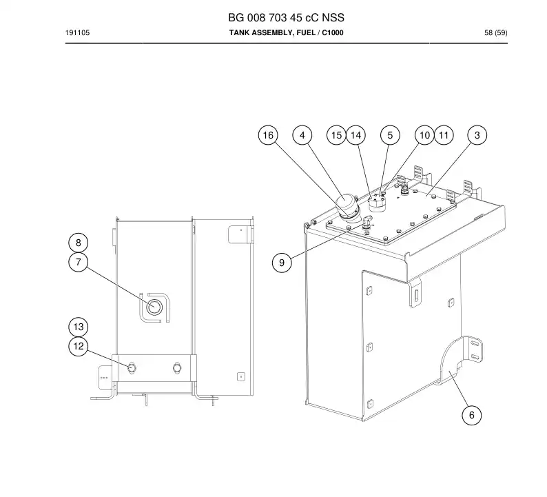 BG00870345c BG 008 703 45c Tank Assembly, Fuel - Sandvik Technical Drawing