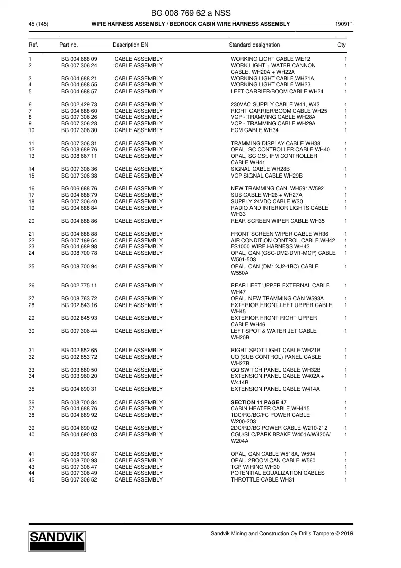 BG00876962a BG 008 769 62a Wire Harness Assembly - Sandvik Technical Drawing