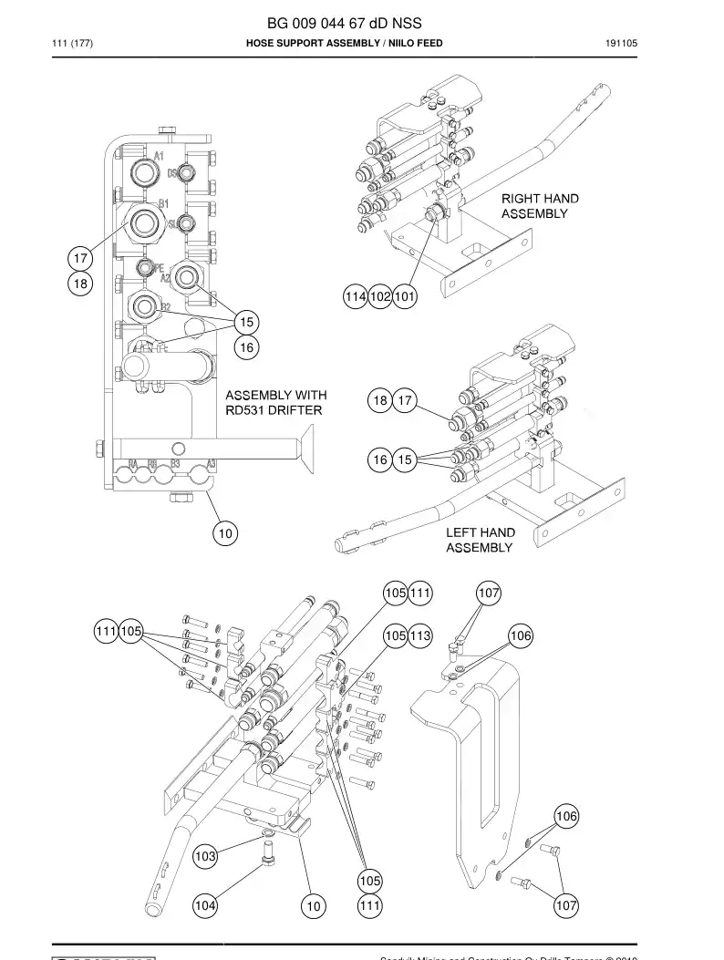 BG00904467d BG 009 044 67d Hose Support Assembly - Sandvik Technical Drawing