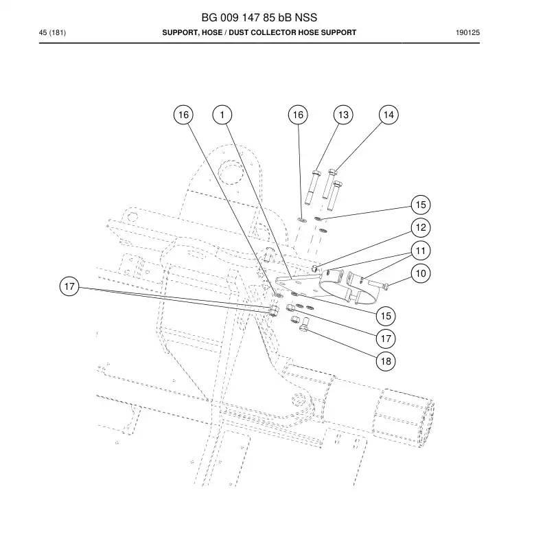 BG00914785b BG 009 147 85b Support, Hose - Sandvik Technical Drawing
