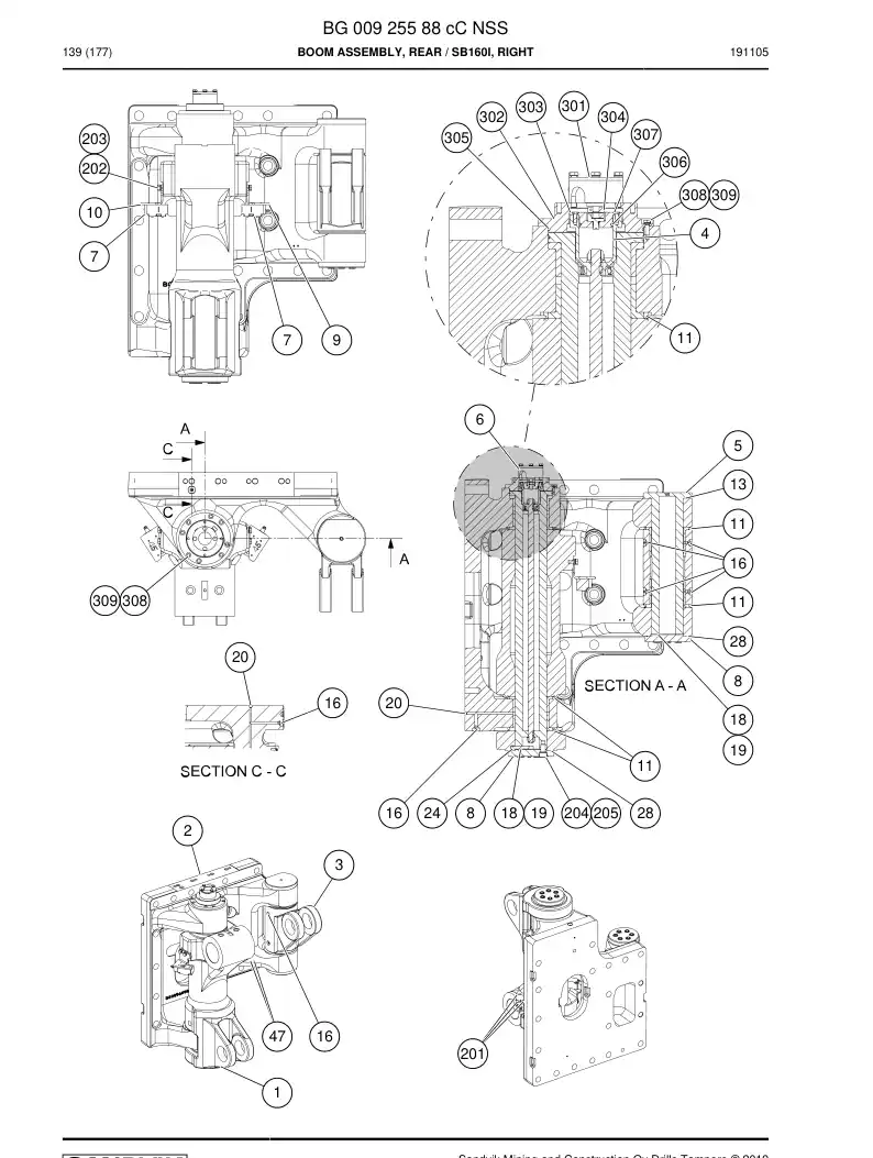 BG00925588c BG 009 255 88c Boom Assembly, Rear - Sandvik Technical Drawing