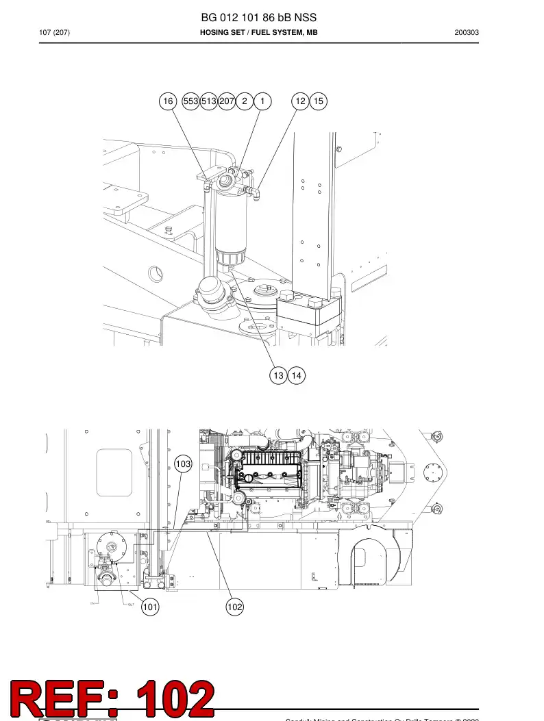 BG00931033a BG 009 310 33a Hose Assembly, Fuel - Sandvik Technical Drawing