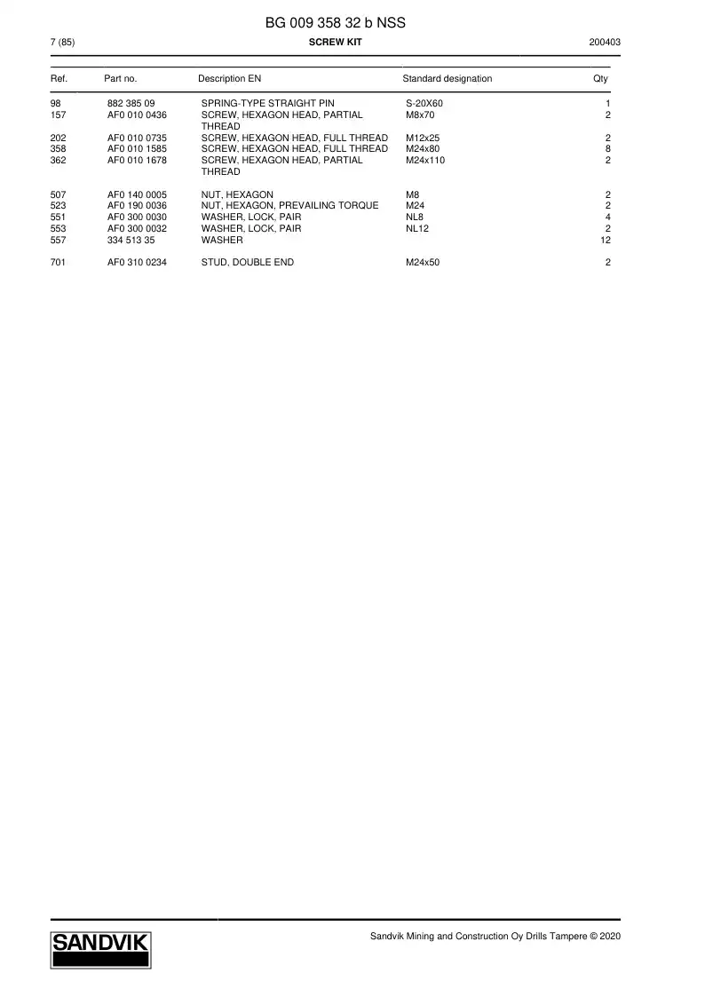 BG00935832b BG 009 358 32b Screw Kit - Sandvik Technical Drawing