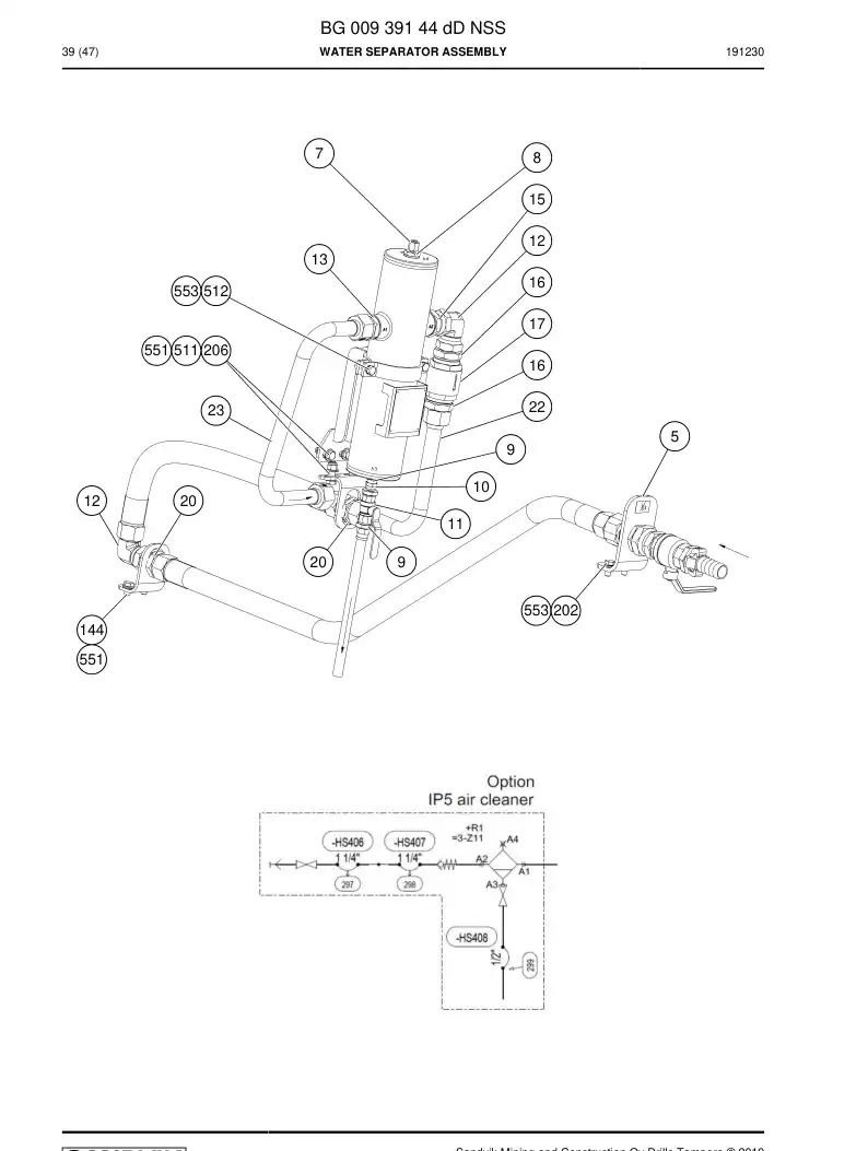 BG00939144d BG 009 391 44d Water Separator Assembly - Sandvik Technical Drawing