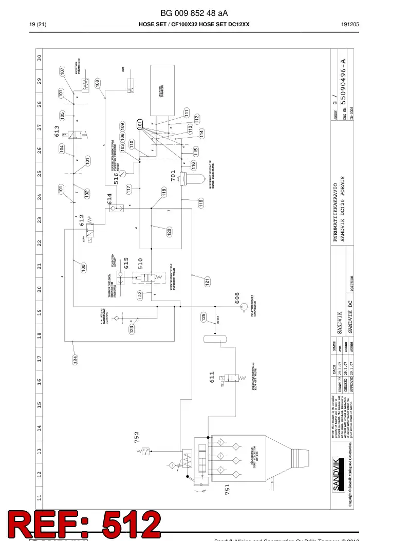 BG00985261a BG 009 852 61a Hose Assembly, Air - Sandvik Technical Drawing