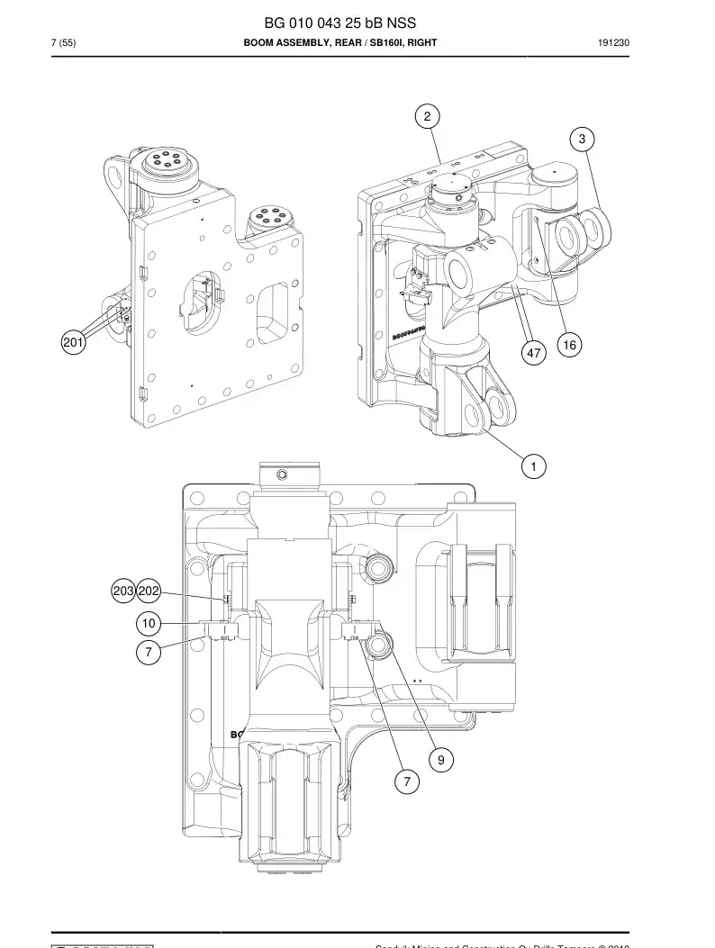 BG01004325b BG 010 043 25b Boom Assembly, Rear - Sandvik Technical Drawing