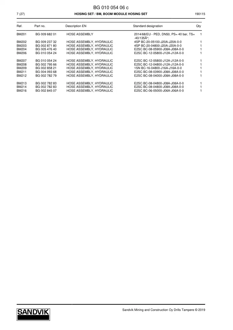 BG01005406c BG 010 054 06c Hosing Set - Sandvik Technical Drawing