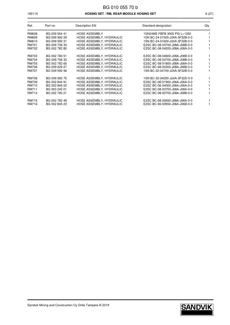 BG01005570b BG 010 055 70b Hose Set - Sandvik Technical Drawing