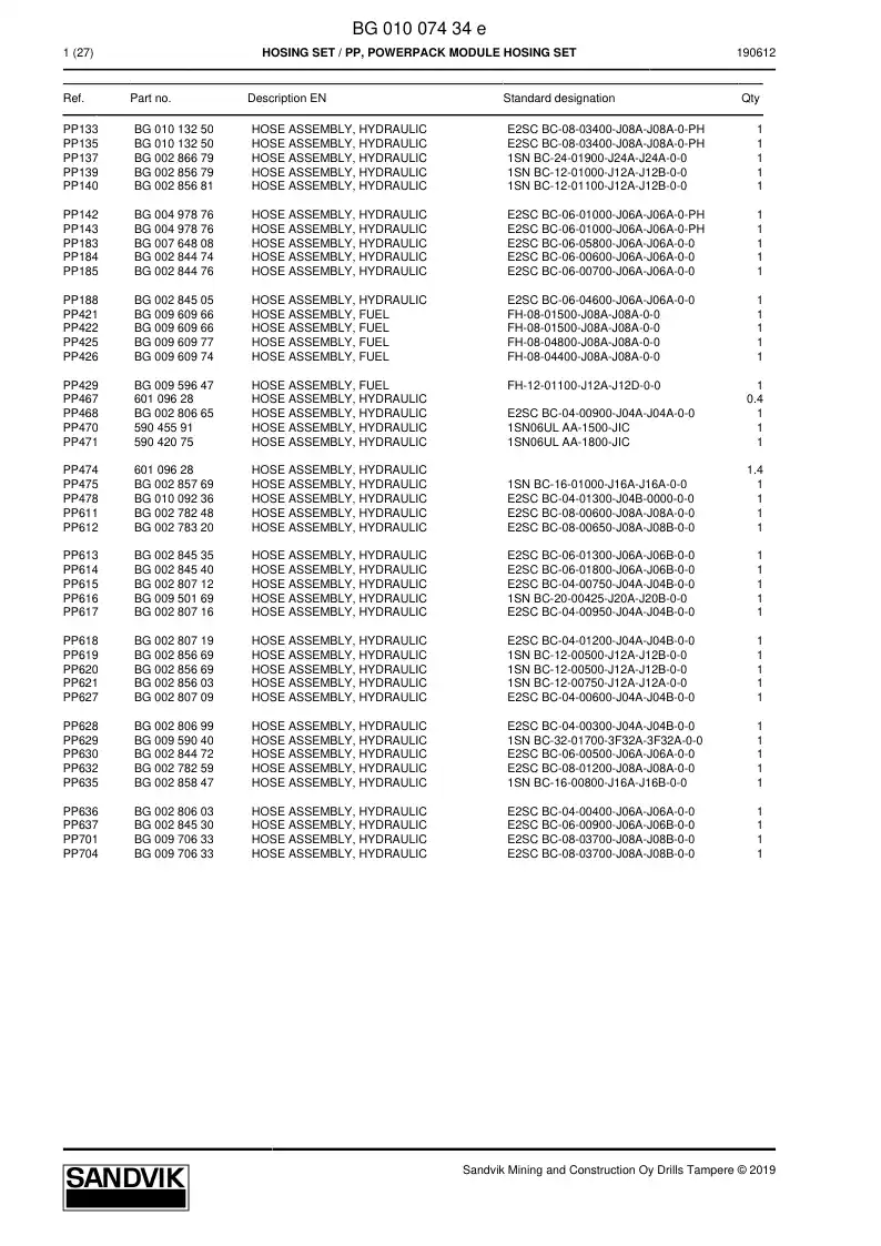 BG01007434e BG 010 074 34e Hosing Set - Sandvik Technical Drawing