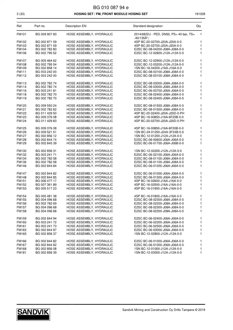 BG01008794e BG 010 087 94e Hosing Set - Sandvik Technical Drawing