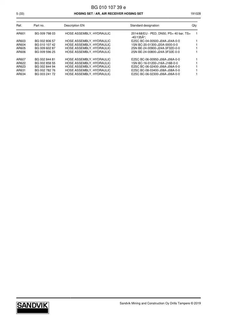 BG01010739e BG 010 107 39e Hosing Set - Sandvik Technical Drawing