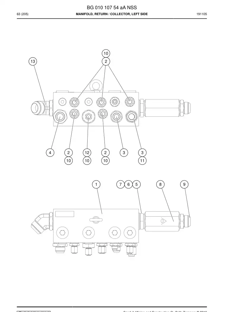 BG01010754a BG 010 107 54a Manifold, Return - Sandvik Technical Drawing