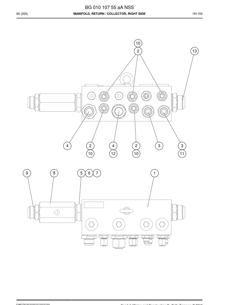 BG01010755a BG 010 107 55a Manifold, Return - Sandvik Technical Drawing