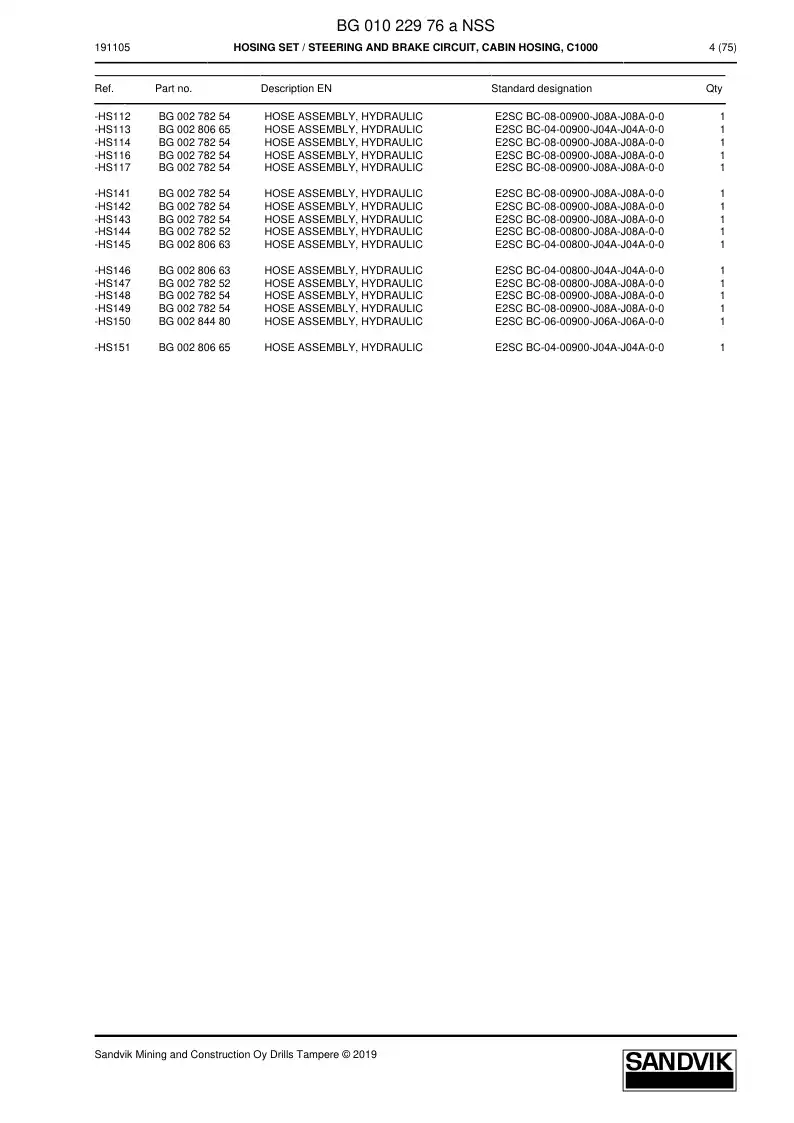 BG01022976a BG 010 229 76a Hosing set - Sandvik Technical Drawing