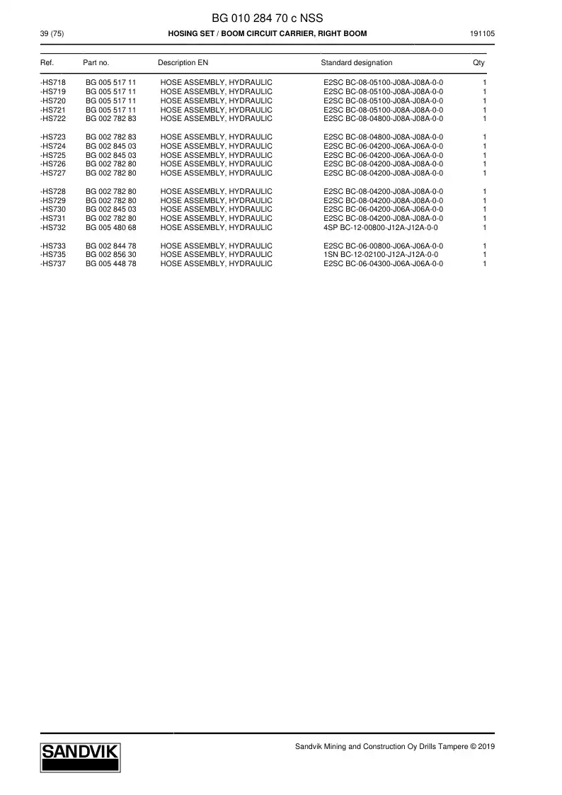 BG01028470c BG 010 284 70c Hosing set - Sandvik Technical Drawing