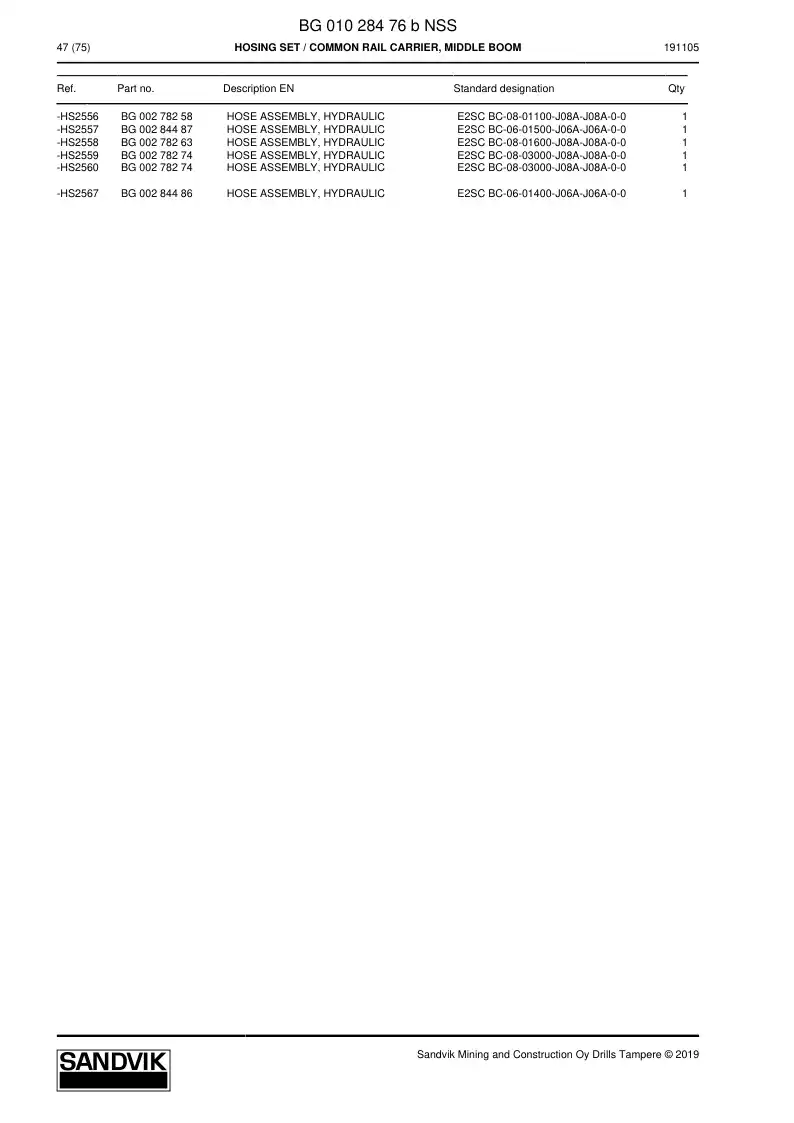 BG01028476b BG 010 284 76b Hosing set - Sandvik Technical Drawing