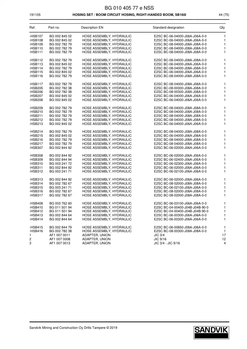 BG01040577e BG 010 405 77e Hosing Set - Sandvik Technical Drawing
