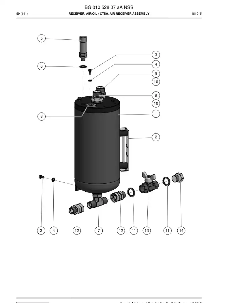 BG01052807b BG 010 528 07b Receiver, Air/Oil - Sandvik Technical Drawing