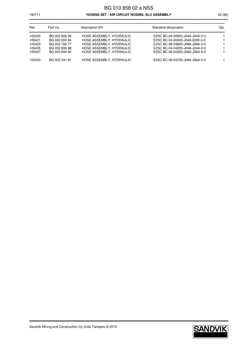 BG01085802a BG 010 858 02a Hosing Set - Sandvik Technical Drawing