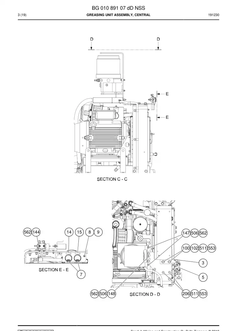 BG01089107d BG 010 891 07d Greasing Unit Assembly, Central - Sandvik Technical Drawing