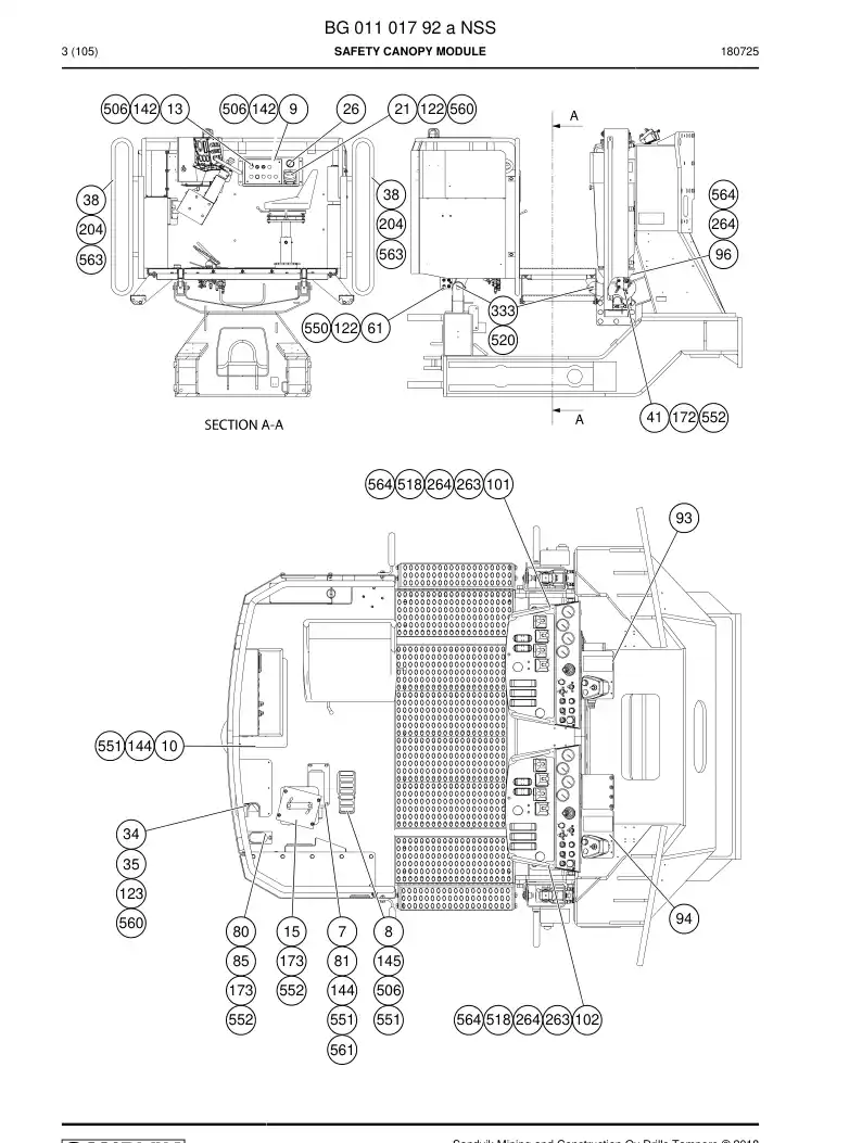 BG01101792a BG 011 017 92a Safety canopy module - Sandvik Technical Drawing