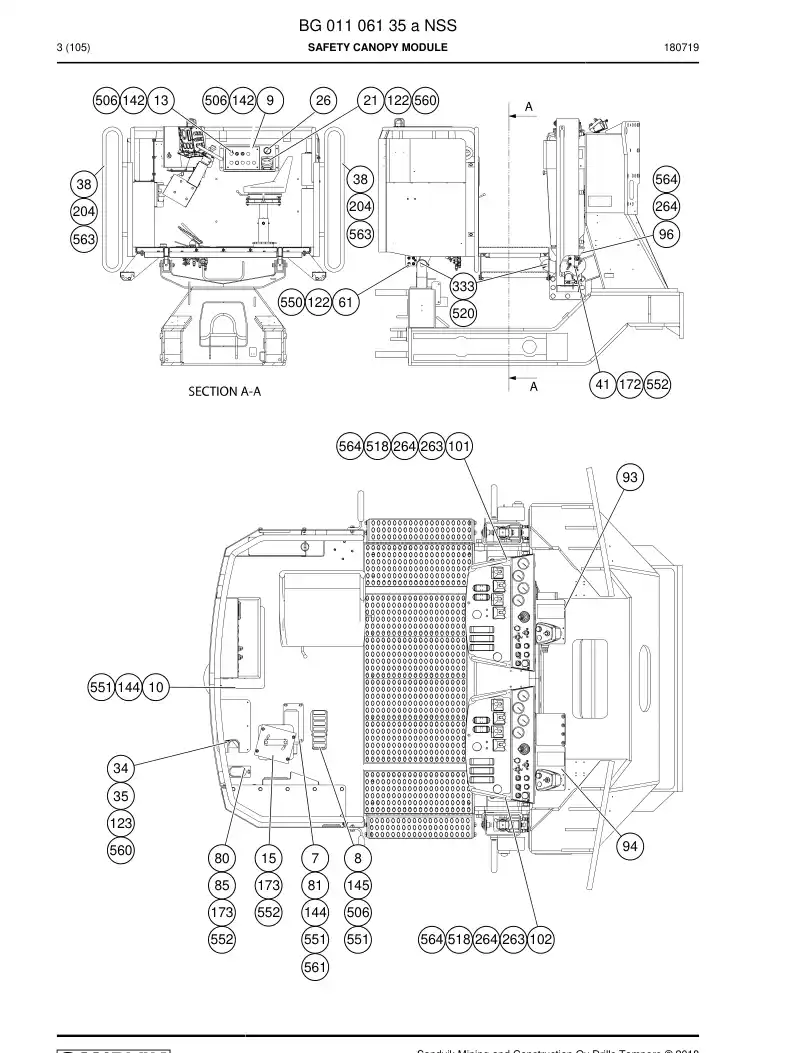 BG01106135a BG 011 061 35a Safety canopy module - Sandvik Technical Drawing