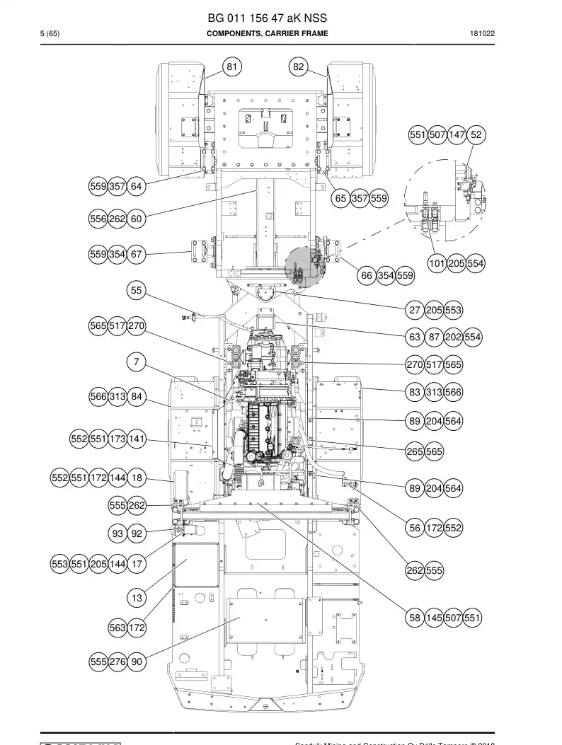 BG01115647a BG 011 156 47a Components, Carrier Frame - Sandvik Technical Drawing
