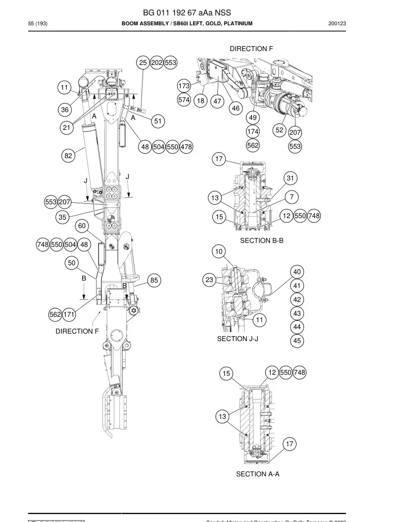 BG01119267a BG 011 192 67a Boom Assembly - Sandvik Technical Drawing