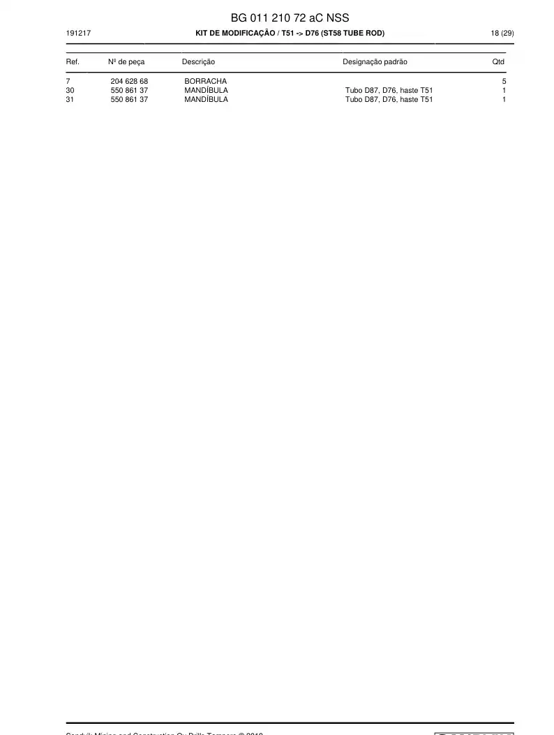 BG01121072a BG 011 210 72a KIT DE MODIFICAO - Sandvik Technical Drawing