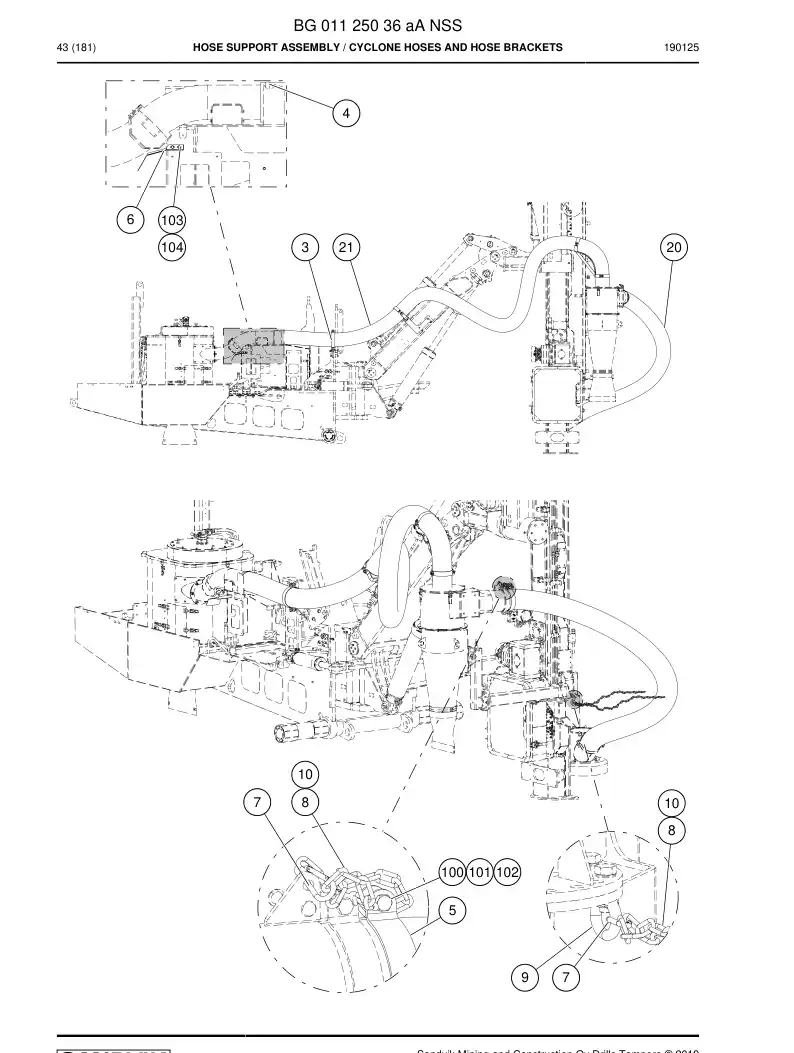 BG01125036b BG 011 250 36b Hose Support Assembly - Sandvik Technical Drawing